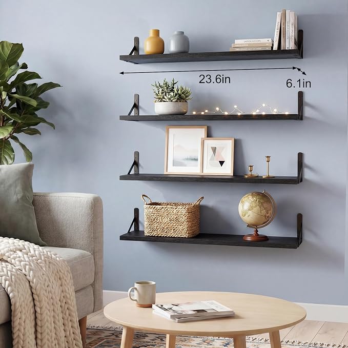 YGEOMER Floating Shelves for Wall, 23in Black Wall Shelves for Living Room, Bathroom, Bedroom, Kitchen, Home Decor (Set of 4)