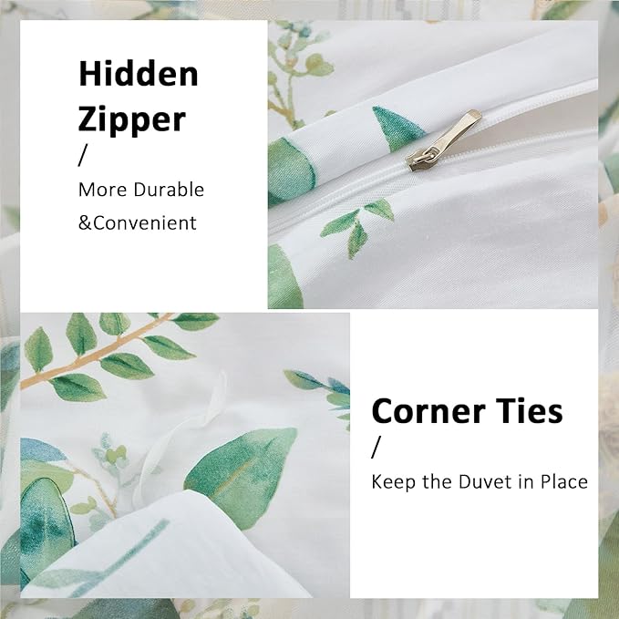 Botanical 100% Cotton Duvet Cover Queen Size - 3Pcs Mint Green Printed with Sage & Emerald Leaves on White,Reversible Lightweight and Soft Bedding Sets