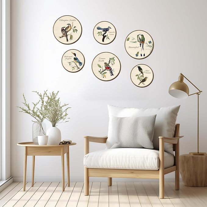 TOARTi 6pcs Vintage Bird Wall Art Set(9.9”x3/7.9”x3) Round Bird Botanical Wooden Plaques Rustic Bird Plant Round Wall Hanging Farmhouse Birds Wall Decor for Home Bedroom Living Room Bird Lover Gift