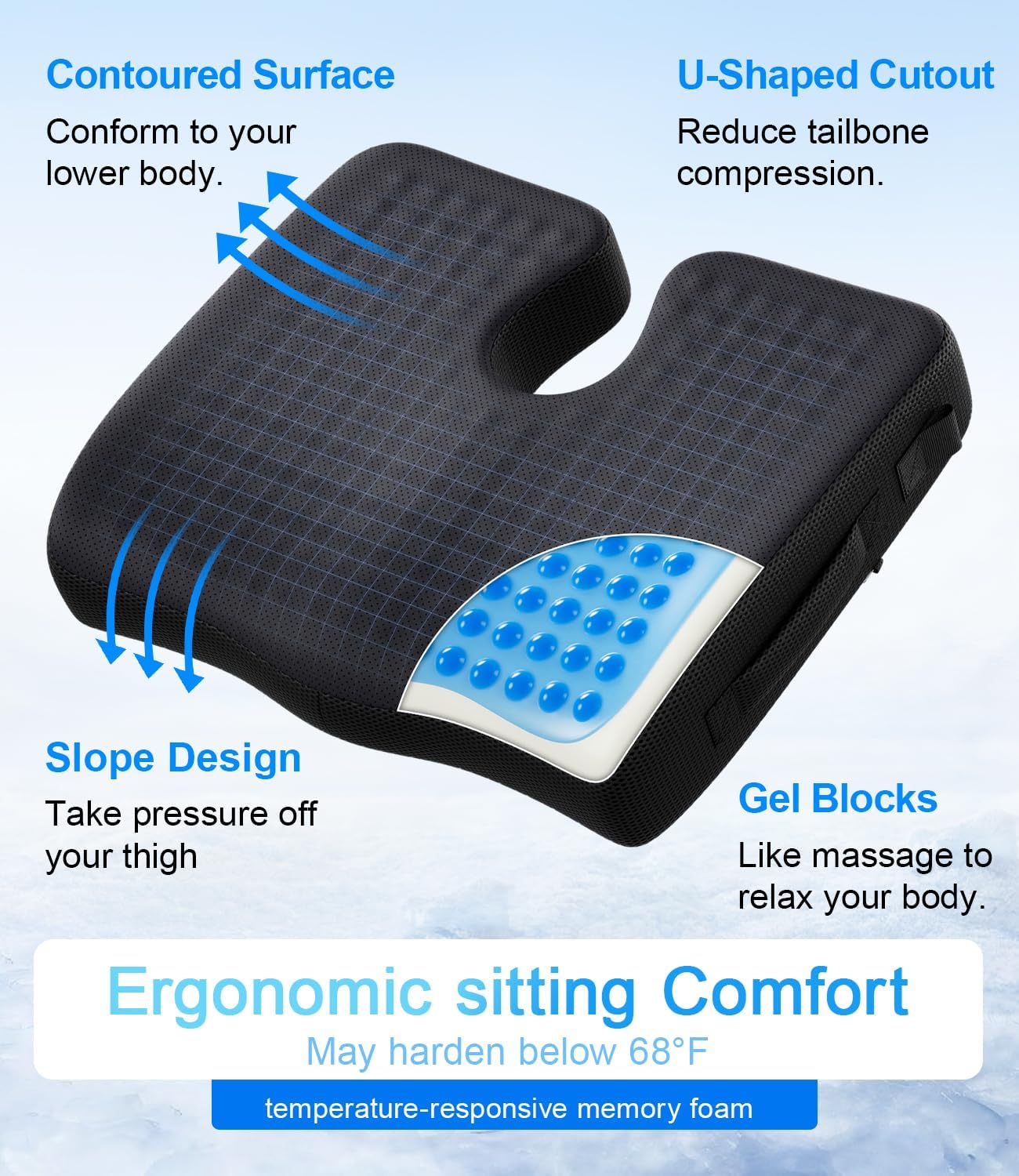 Skiennix Wheelchair Seat Cushion - Ergonomic Cooling Gel with Waterproof Silk Fabric | Hip Support & Sciatica Relief