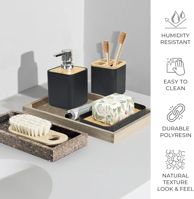 CERBIOR Bathroom Accessory Set with Shower Curtain, Includes Shower Curtain,Soap Dispenser, Toothbrush Holder, Toothbrush Cup, Soap Dish for Decorative Countertop and Housewarming Gift,Black,20PC