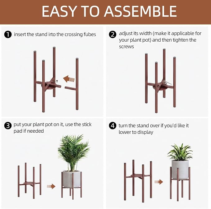 Adjustable Metal Plant Stand Indoor, Fits 8-14 Inch Pots, Mid Century Modern Planter Holder,2 Heights, Heavy Duty 160 lb, Indoor Outdoor Corner Floor Pot Stand, Coffee with Round Plate