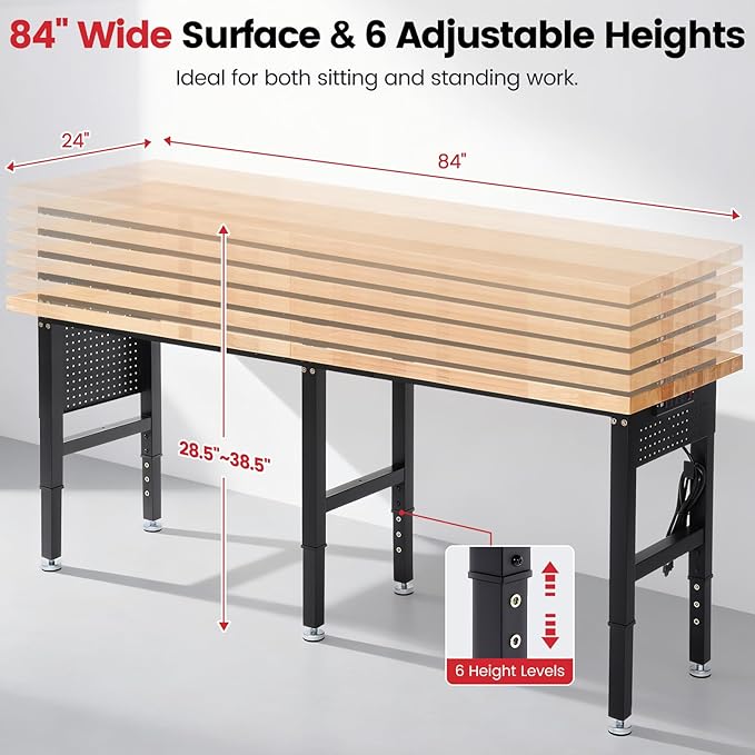 Work Bench 84 x 24 Inch Adjustable Height Rubber Wood Top Work Table 5000 Lbs Load Capacity Workstation with Power Outlets & Extended Pegboard for Garage, Workshop, Home, Office