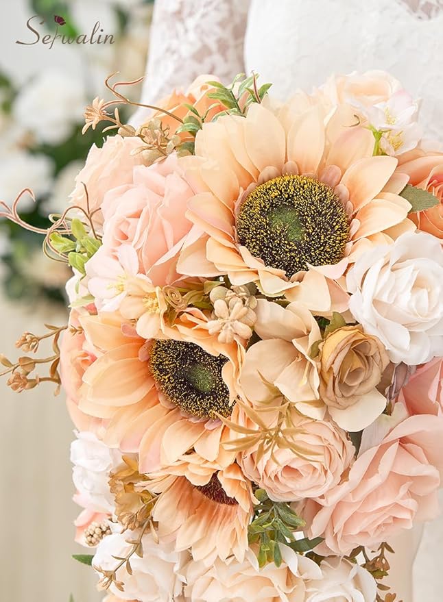 Serwalin 11 Inch Wedding Bouquets for Bride Bridesmaid, Champagne Bridal Bouquets for Bride, Wedding Flowers Bouquet Tossing Bouquet, Wedding Ceremony and Anniversary Day Decor