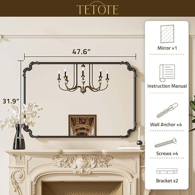 TETOTE Vintage Antique Black Rectangle Mirror for Mantle Fireplace 48 x 32 Traditional Baroque Ornate Scroll Wall Mirror with Metal Frame for Living Room Bedroom, Horizontal/Vertical