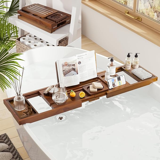 Premium Foldable Teak Bathtub Tray, Expandable Bath Tray for Tub, Luxury Bathtub & Bathroom Accessories