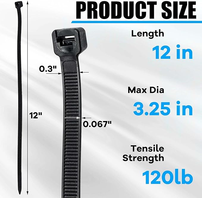 Reallnaive 500 Pcs 12 Inch Zip Ties Heavy Duty 120 Lbs Tensile Strength Black Nylon Wire Cable Ties Bulk for Indoor Outdoor