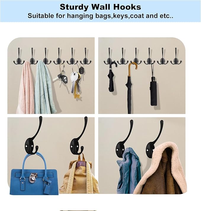 Kruodop 10Pcs Coat Hooks Wall Hooks for Hanging Heavy Duty, Wall Mounted Black Towel Hooks, Metal Single Coat Hanger with Screws Cup Retro for Coats, Handbags, Towels