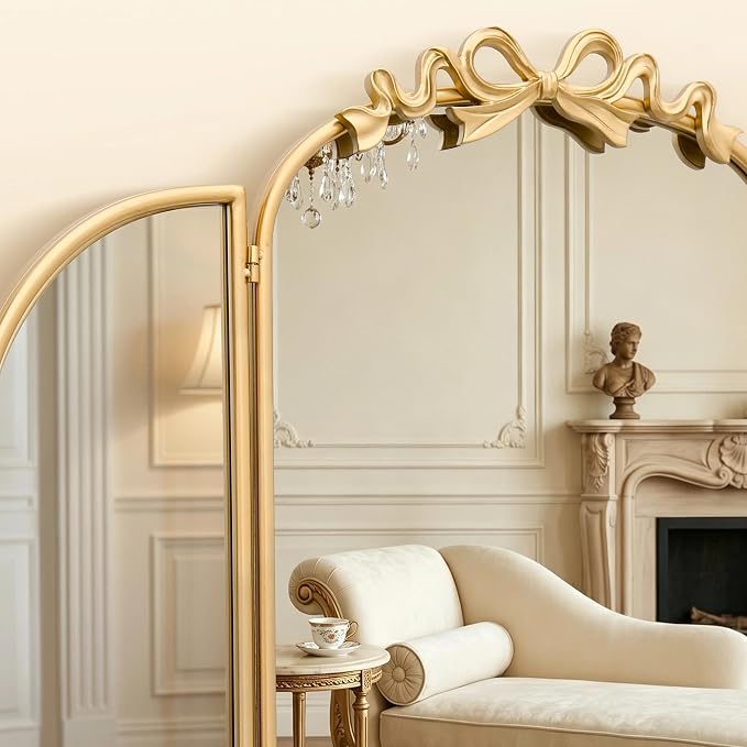 Besdomus Bow Vanity 3 Way Mirror: 36"x24" Gold Large Antique Wall Vanity Mirror - French Baroque Traditional Ornate for Bathroom/Bedroom/Living Room - Home Decor for Housewife