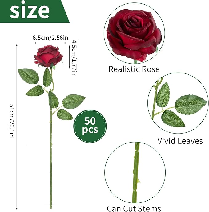 50pcs Artificial Roses Flowers in Bulk,Realistic Silk Fake Rose with Long Stem for Wedding Centerpieces Bouquet Party Floral Arrangement Home Decoration (Burgundy)