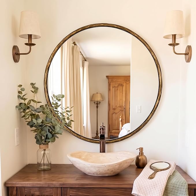 ANDY STAR 36 Inch Hand-Forged Round Gold Mirrors, Hammered Bathroom Round Wall Mirror for Over Sink, Solid Steel Metal Frame Vanity Circle Mirror for Antique, Vintage, Farmhouse, Rustic