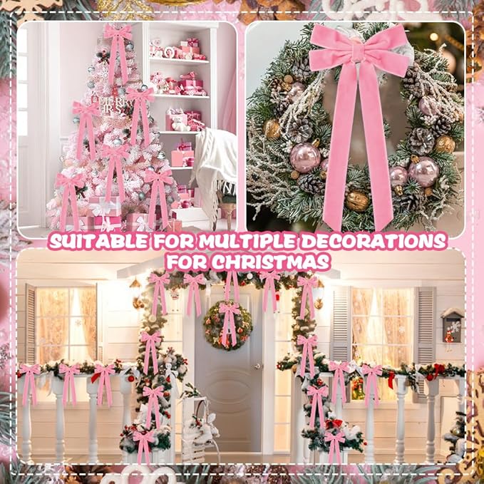 JOICEE 15Pcs Pink Velvet Bows, 5in x 12in Christmas Tree Wreath Bows Rustic Crafts Gift Ribbon Bows for Christmas Decorations Indoor Outdoor Birthday Party Wedding Holiday Decor