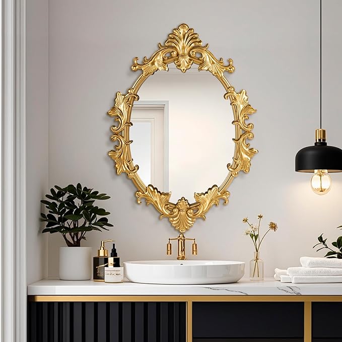 Gold Oval Wall Mirror, 19"x27" Vintage Decorative Baroque Hanging Mirrors for Bedroom, Living Room Dresser Decor, Entryway