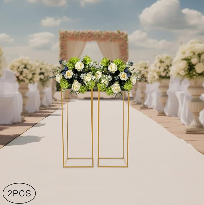 2PC 31.5" Flower Stand for Wedding Metal Cylinder Stands for Party Rectangular Gold Centerpieces Flower Vase Gold Pedestal Columns for Weddings Indoor Outdoor Flower Plant Stand Decoration