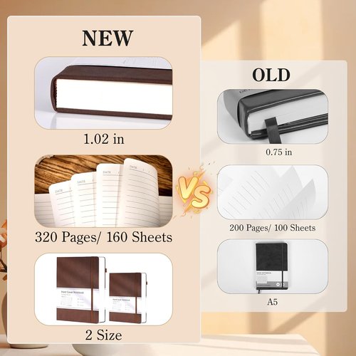 CAGIE Leather Journal Notebook - 320 Pages Thick Hardcover for Writing | A5 Size, Dark Brown