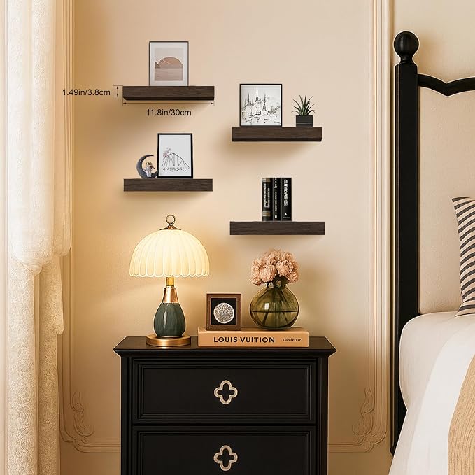 Smoke Gray Floating Shelves for Wall, Set of 4 Modern Wall Shelves Over Toilet for Bathroom, Bedroom, Kitchen & Living Room Decor Display, Minimal Storage & Wall Organizer, 12"x7"x1.5"