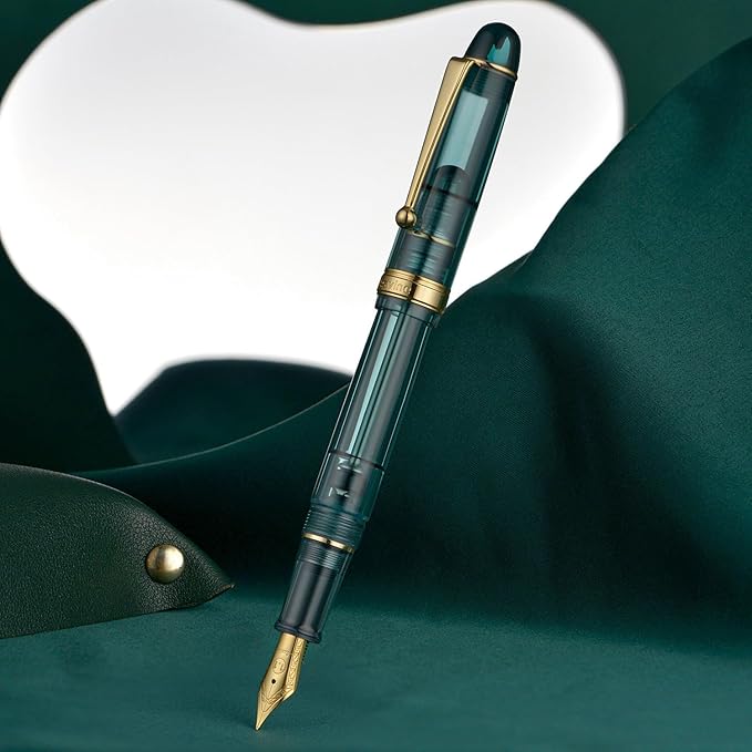 Asvine V126 Vacuum Filling Fountain Pen, Transparent Teal Acrylic Stub Nib 1.1mm Calligraphy Art Drawing with Case Set