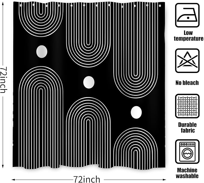 Black and White Shower Curtain, Boho Minimalist Mid Century Modern Arch Geometric Machine Washable Waterproof Fabric for Bathroom Bathtub Decor with Hooks 72x72