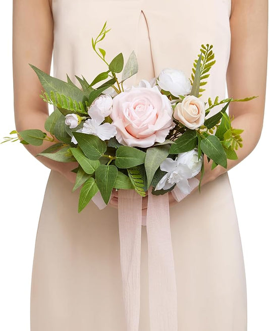 Ling's moment Blush Pink & Cream Bridesmaid Bouquet, Wedding Bouquets for Bridesmaids, 7 Inch Bridal Bouquets for Bridesmaids, Wedding, Ceremony, Anniversary, etc.