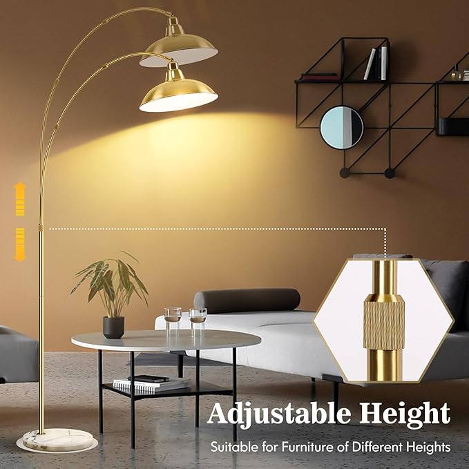 FILIYANO Gold Brass Arc Floor Lamp for Living Room - Mid Century Modern Standing Lamp, Overhanging Floor Lamps, Arch Stand Up Lamp & Floor Light with White Marble Base, Ideal for Bedroom Study Room