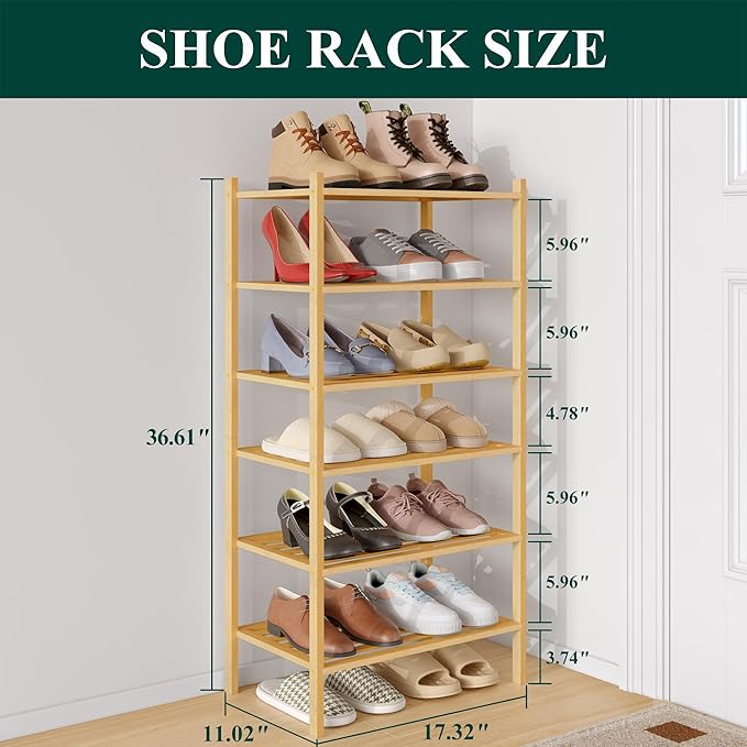 Smiry Small Bamboo Shoe Rack 6-Tier, Stackable Wooden Shoe Organizer for Entryway & Closet, Free Standing Wood Shoe Storage Shelf for Front Door & Small Spaces, Natural
