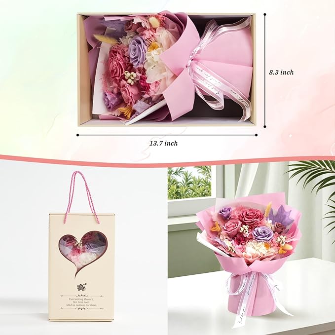 Preserved Flowers Roses Bouquet with Vases Real Pink Flowers for Delivery Prime, Forever Glitter Rose Bouquets Kit,Handmade Flowers Eternal Rosas,Gifts for Graduation Mom Women Birthday(Pink)