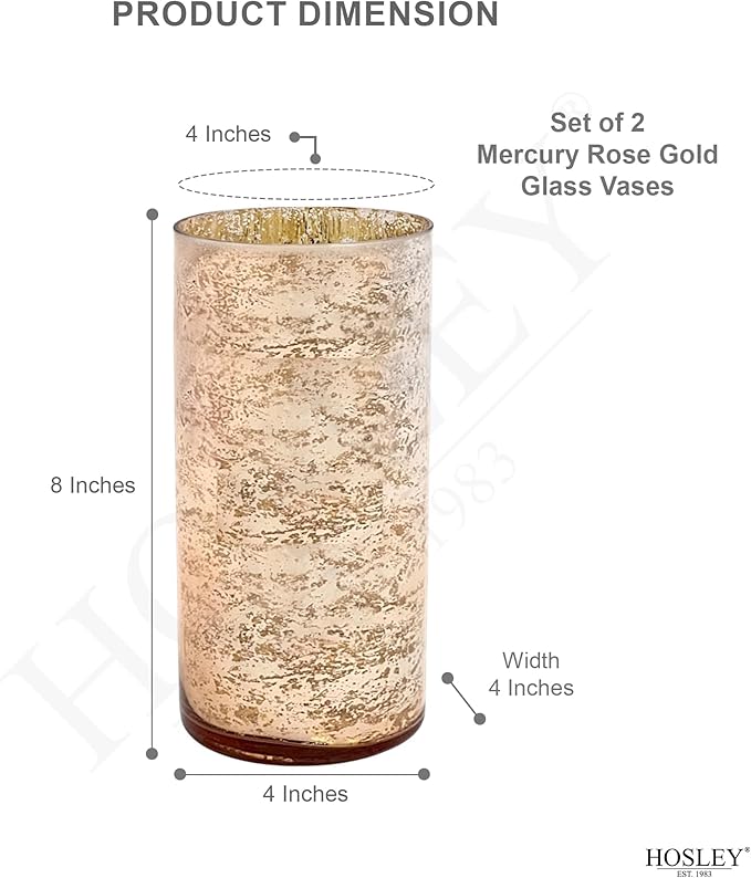 Hosley Set of 2 Mercury Rose Gold Glass Vases – Stylish Decorative Vessels for Boho Home Decor, Weddings, Events, Gifts, Table Centerpieces, and Creative DIY Craft Projects