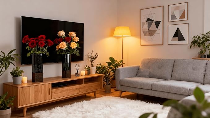 Shatterproof Acrylic Flower Vase with Wood Base–10”H*4.7''W Modern Table Centerpiece for Home Office Decor, Holds Fresh/Dried Stems, Lightweight&Stable, Present for Housewarming Christmas (Cylinder)