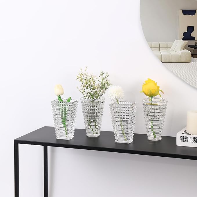 MCMCNCUIU Crystal Flower Vase Set of 4, Glass Vases for Centerpieces, Clear Vases for Flowers, Small Vase for Living Room, Bedroom, Kitchen, Office, Wedding