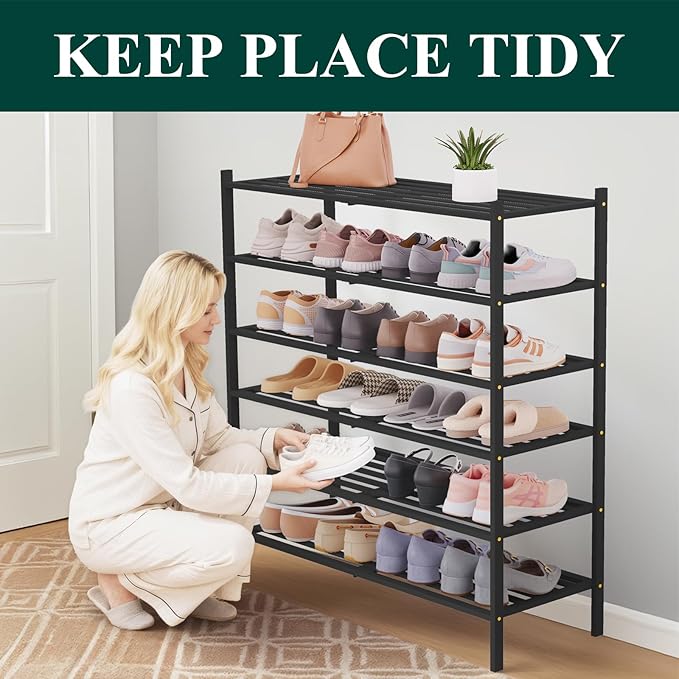 Smiry Long Bamboo Shoe Rack 6-Tier, Stackable Wooden Shoe Organizer for Entryway & Closet, Free Standing Wood Shoe Storage Shelf for Front Door & Small Spaces, Black