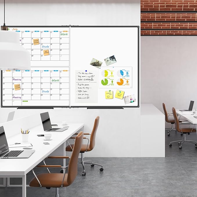 JILoffice Magnetic Foldable Dry Erase Calendar Whiteboard Combo, 2 Month Calendar Board & White Board 72 X 40 Inch, Black Aluminum Frame Wall Mounted Board for Office Home and School