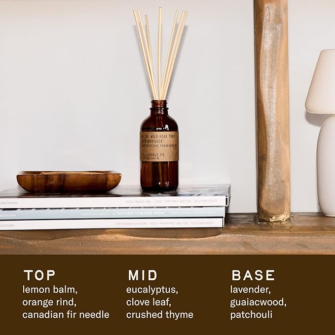 P.F. Candle Co. Wild Herb Tonic Classic Scented Rattan Reed Diffuser (3.5 fl oz) Amber Glass Jar, Fine Fragrance Oil, Flame-Free Fragrance, Made in The U.S.A.