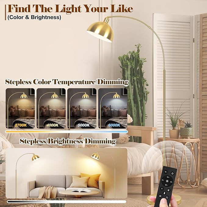 VenzBlomia 【Upgraded】 Arc Floor Lamps for Living Room - Stepless Dimmable Gold Tall Lamp with Remote Control & Color Temperature 9W LED Bulb, Over Couch Arched Reading Standing Lamp for Bedroom Brass