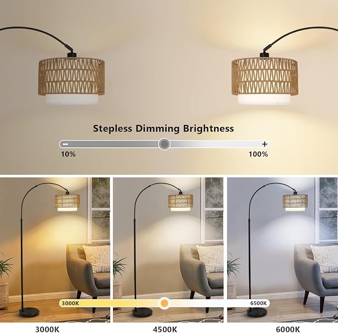 eyassi Arc Floor Lamp with Remote, Modern LED Floor Lamp with Dimmable Bulb, Boho Farmhouse Standing lamp with Fabric & Rattan Lampshades, Height Adjustable Black Tall Lamp for Living Room Bedroom