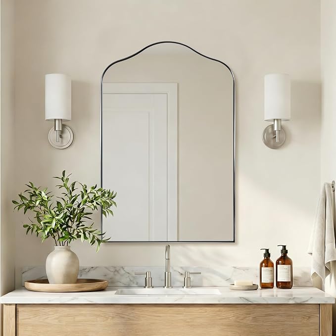 ANDY STAR Scalloped Arched Mirror, 24x36 Brushed Nickel Irregular Bathroom Mirror for Vanity, Asymmetrical Curved, Silver Rustproof Stainless Steel Frame, for Over Sink, Bedroom, Mantel, Fireplace