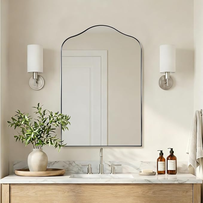 ANDY STAR Scalloped Arched Mirror, 24x38 Brushed Nickel Irregular Bathroom Mirror for Vanity, Asymmetrical Curved Top with Rustproof Stainless Steel Frame, for Entryway, Bedroom, Mantel, Fireplace