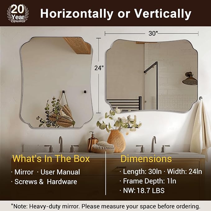 ANDY STAR 24"x30" Brushed Nickel Mirror, Scalloped Bathroom Wall Mirror with Metal Frame for Vanity, Vintage Notched Edges Design Ideal for Entryway, Living Room & Bedroom Decor