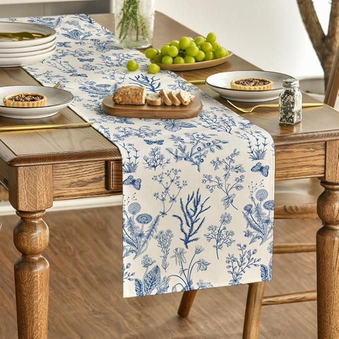 Artoid Mode Blue Wild Flowers Floral Spring Table Runner,Seasonal Summer Kitchen Dining Table Decoration for Home Party Decor 13x72 Inch
