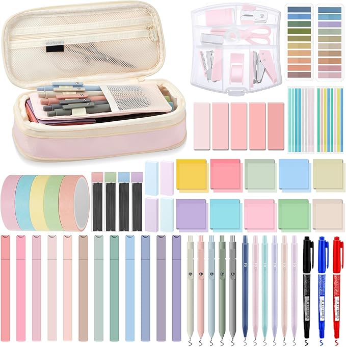 Sinload 60 Pcs Aesthetic Book Annotation Kit School Supplies Cute Pencil Case 12 Highlighter 5 Gel Pen 6 Mechanical Pencil 5 Magnetic Bookmark 1220 Pcs Sticky Note Tab Student Stationary(Pink)