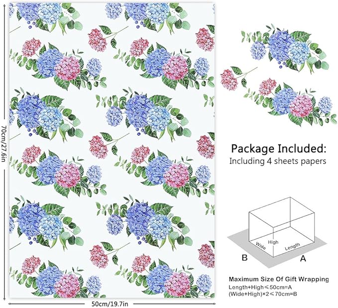 Geluode Floral Gift Wrapping Paper, Hydrangeas Wrapping Paper for Girls Lady Women, 4 Sheets Elegant Bridal Shower Engagement Gift Wrap For Birthday Wedding Anniversary Valentine's Day