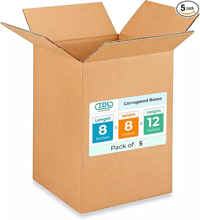 Small Moving & Shipping Boxes 8 x 8 x 12 inches (5-Pack) - Extra Strength 200 lb vs Regular - Corrugated Packing Boxes for USPS/FEDEX - Cardboard Shipping Box - Package Box by IDL Packaging