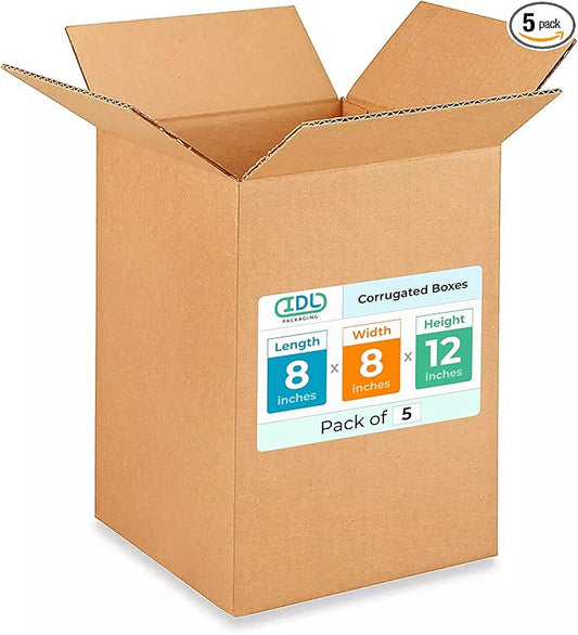 Small Moving & Shipping Boxes 8 x 8 x 12 inches (5-Pack) - Extra Strength 200 lb vs Regular - Corrugated Packing Boxes for USPS/FEDEX - Cardboard Shipping Box - Package Box by IDL Packaging