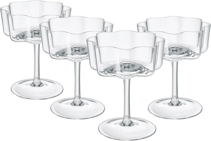Flower Scalloped Vintage Wavy Petals Wave Glass Coupes 7oz Colorful Martini, Champagne & Cocktails, 4 Set Clear Rippled Champagne Glasses, Elegant Bar Glassware, Unique Aesthetic Coupe Glassware Gifts