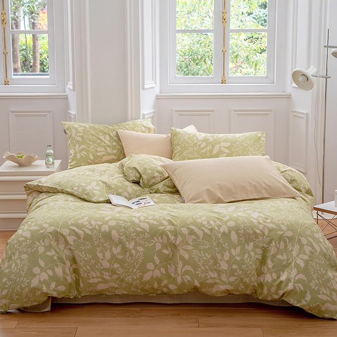 EAVD Garden Style Duvet Cover King Soft 100% Cotton Chic Shabby Botanical Pattern Print Sage Green Bedding Set with 2 Pillowcases Fresh Floral Comforter Cover Set