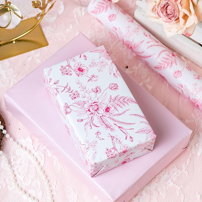 Yarcony Pink Floral Gift Wrapping Paper Roll, Bridal Shower Wrapping Paper, Vintage Toile Pink Floral Gift Wrap for Girl Birthday,Wedding, Mother's Day,Valentine's Day,Baby Shower (17 In X 16.5 Ft)