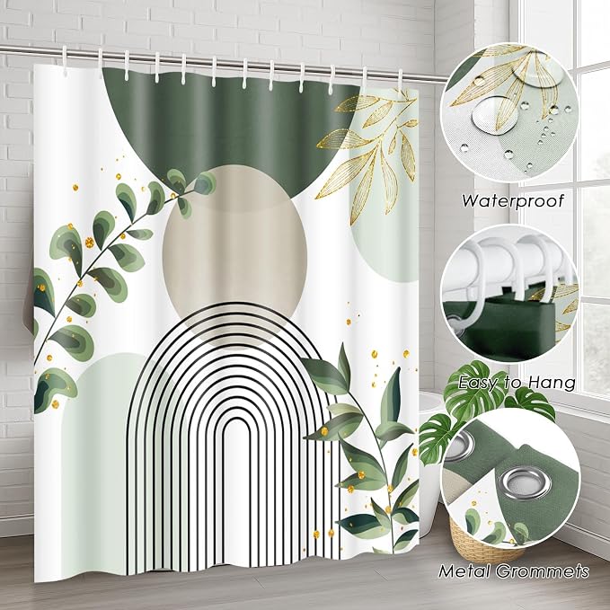 Boho Sage Green Mid Century Shower Curtain Set with Toilet Lid Cover and Non-Slip Rugs, Abstract Bohemian Gold Leaves Plant 4 Pcs Modern Minimalist Shower Curtain for Bathroom Set with 12 Hooks