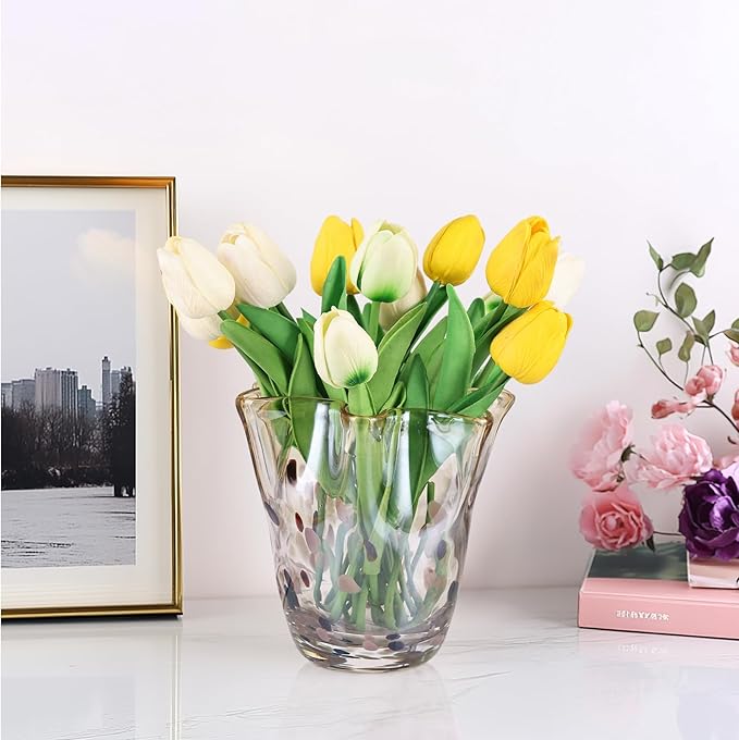 Hand Blown Amber Glass vase, Unique Brown Glass Wide Mouth vase for Console Office TV Stand Coffee Table entryway Entrance Desktop Living Room Table Centerpiece.