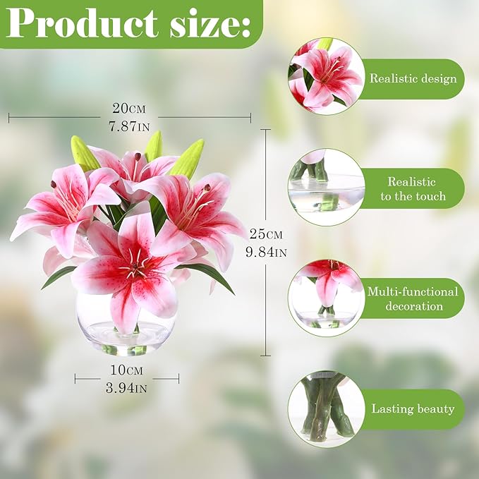 Artificial Tiger Lily Arrangement in Glass Vase, Real Touch Silk Flowers, FakeLilies with Faux Water