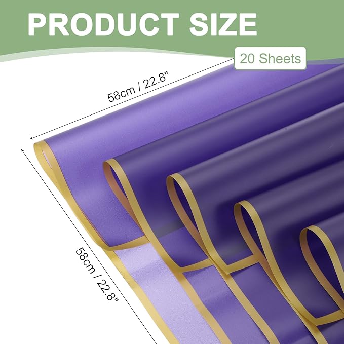 PATIKIL Flower Gift Wrapping Paper, 20 Sheets Gold Edge Waterproof Bouquet Paper Wrap Florist Supplies Packaging Floral Papers for Wedding DIY Craft Valentine Mother's Day, Purple