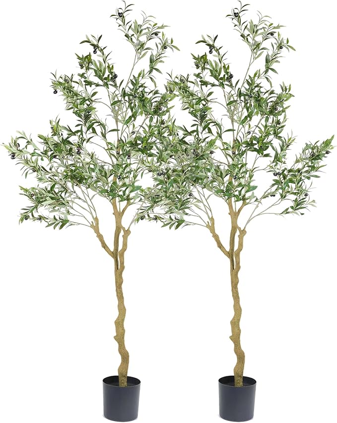 Tall Faux Olive Tree，7ft（84in） Realistic Potted Silk Artificial Olive Tree， Fake Olive Trees Indoor for Home Office Living Room Bedroom Stairs Foyer Decor.2pack.